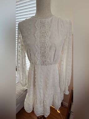White Lace-Trim Swiss Dot Boho Dress